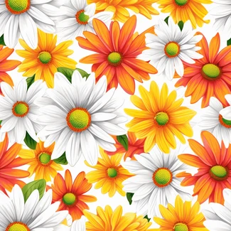 Colorful daisy seamless pattern with orange and yellow on a white background.