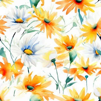 Watercolor illustration of daisies on a white background with vibrant orange, azure, and yellow accents