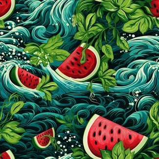 A seamless pattern of watermelons and waves in various styles.