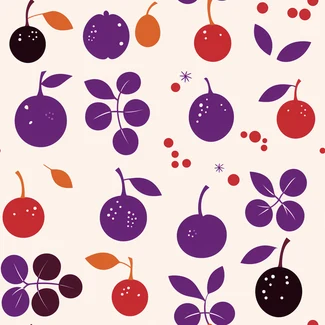 A seamless pattern featuring a variety of berry motifs in vibrant hues of plum, purple, brown, and orange set against a clean white background.