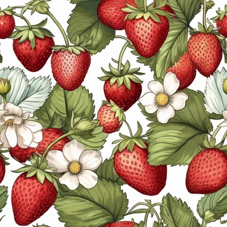 A vibrant seamless pattern featuring hand drawn strawberries and blossoms on a white background.