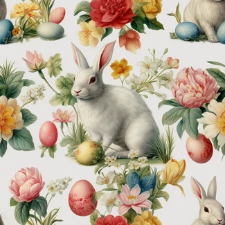 A seamless pattern featuring realistic illustrations of Easter bunnies and flowers in a Victorian pastoral scene.