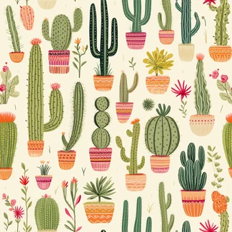 Vintage cactus pots pattern with yellow and pink background.