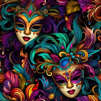 Colorful vintage carnival masks and floral pattern background