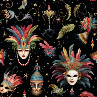 Vintage carnival masks pattern with feathers in the background