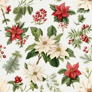 Vintage Christmas Poinsettia and Holly Seamless Pattern