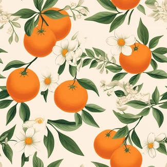 A seamless pattern with oranges, flowers, and leaves on a light orange and white background.