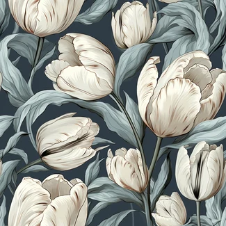 Vintage tulip botanical seamless pattern in beige, gray, black and indigo