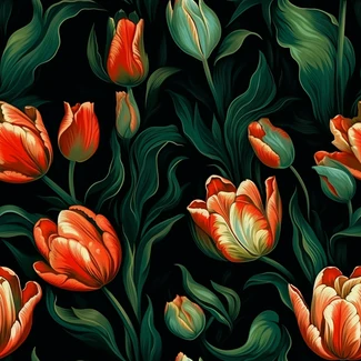 A vintage tulip pattern with orange tulips on a black background.