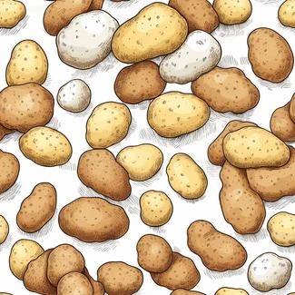 A seamless pattern of hand-drawn potatoes with realistic and naturalistic textures on a white background.