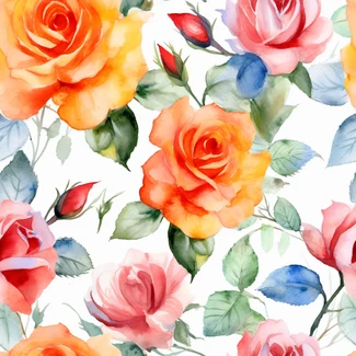 A seamless watercolor rose pattern in bright shades of orange, red, and blue on a white background.