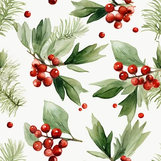 Watercolor Christmas Holly Leaves and Berries Pattern on white background