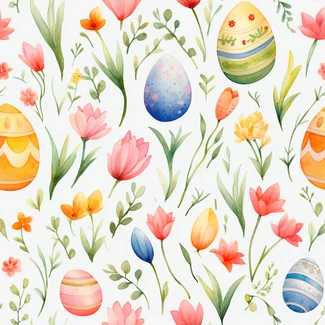 A seamless watercolor pattern of Easter eggs and flowers in vibrant colors.
