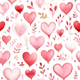 A repeating pattern of watercolor hearts on a white background with foliage.
