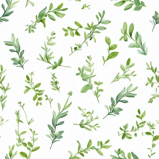 A watercolor pattern featuring green leaves set against a white background, with a mismatched pattern style and organic material.