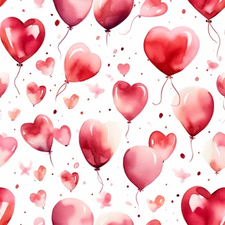 A seamless watercolor pattern featuring heart-shaped balloons and romantic roses in shades of light red, light crimson, and light maroon on a white background.