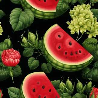 A seamless pattern with watermelon and flowers on a black background.