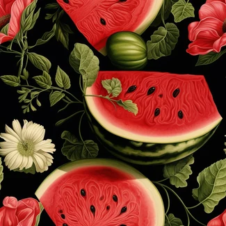 A seamless pattern featuring watermelon slices and flowers arranged in a playful, whimsical style against a black background.