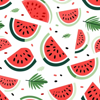 Watermelon Delight pattern on a white background with green leaves and slices.
