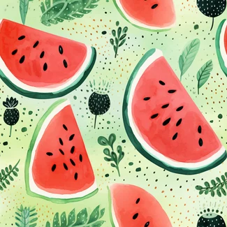 Watermelon pattern on a bright green background with flowers and leaves.
