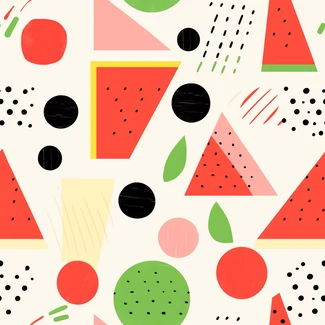 A seamless pattern of watermelons in a modern and geometric style with red and green colors and post-impressionist pointillism dots.