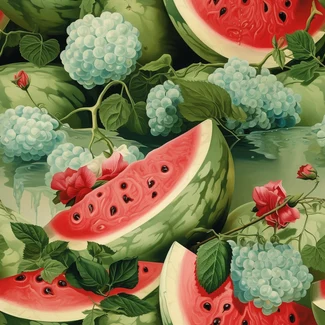 A seamless pattern featuring watermelons and hydrangeas.