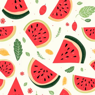 A seamless pattern with stylized watermelon chunks and leaves in a folk-inspired style.