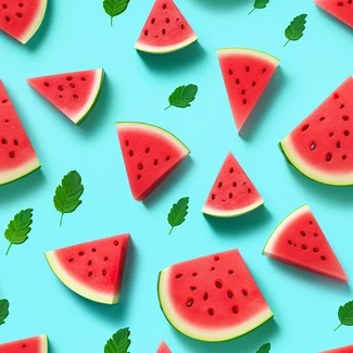 A seamless watermelon pattern featuring slices of the fruit on a bright blue background with contrasting light green and red colors.