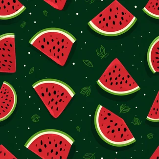 A seamless pattern featuring slices of watermelon layered with leaves on a dark organic background with flat and geometric shapes in dark green and red.