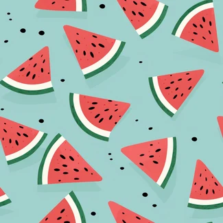 A seamless pattern with watermelon slices in a flat cartoon style, set against a backdrop of light turquoise and dark sky-blue.