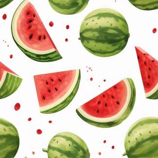 A colorful watermelon pattern with slices and splatters on a white background.
