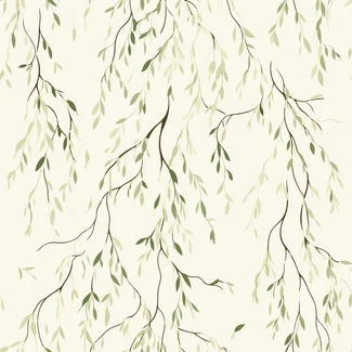 A Weeping Willow hanging scroll pattern with naturalistic tones of light beige and emerald. The compositions are soft and airy, with spare, elegant brushwork and delicate flowers. The wilting willow branches are custom with a light beige and green color scheme on a white background. The beautiful branch wallpaper has vines on a natural grass green background with a serene watercolor style.