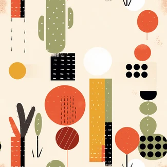 An abstract pattern featuring a colorful cactus garden with playful mid-century shapes and warm colors.
