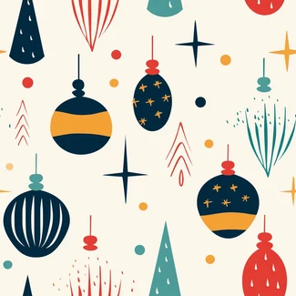 A colorful and whimsical Christmas pattern featuring quirky cartoonish ornaments and gnomes on a white background.