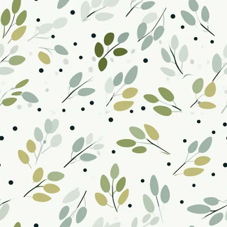 Whimsical foliage wallpaper with green leaves and gray dots on a white background