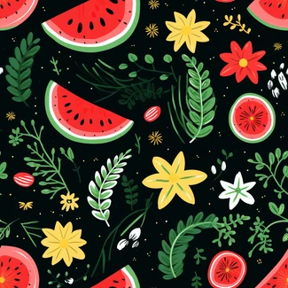 A colorful watermelon and flower botanical illustration on a black background