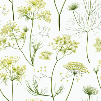 Dill botanical illustration seamless floral pattern featuring intricate botanical leaves, seeds, and flowers in green and amber hues set against a clean white background.