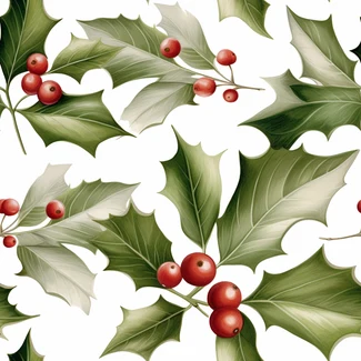 A seamless pattern featuring holly leaves and red berries on a white background