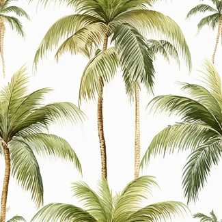 Tropical palm tree pattern in shades of green, yellow, light pink, and brown on a white background.