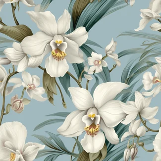 Seamless pattern of white orchids with green leaves on a blue background.