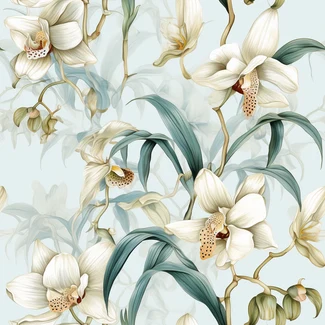 White Orchid Watercolor Botanical Floral Seamless Pattern Wallpaper featuring green leaves and white orchids with white tips from bouquet, digitally enhanced and rendered in a style of light sky-blue and light beige, with dramatic shading of light aquamarine and beige.