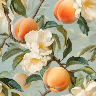 White peaches on a branch surrounded by floral elements