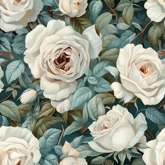 A seamless pattern of white roses and leaves on a dark beige background.