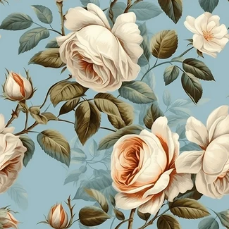 A seamless pattern of delicate white roses on a beautiful blue background.