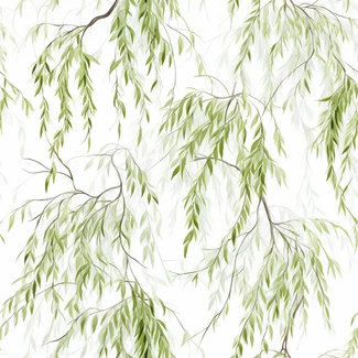 Delicate and realistic green willow branches and leaves seamless pattern on a white background