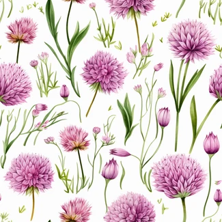 A beautiful watercolor pattern of pink clover flowers, green clovers, lavender tulips, pink roses, and tulip bushes in a repeating pattern.