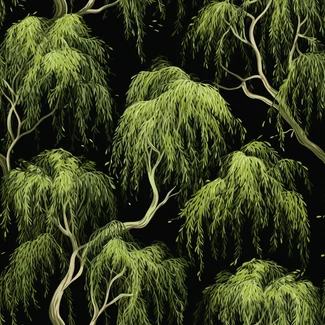 Seamless pattern of green willow trees on black background
