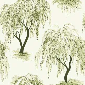 A seamless pattern of a willow tree on a white background with light beige and green colors.