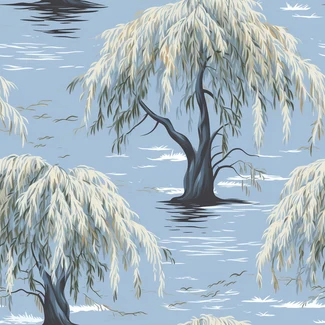 Seamless pattern of willow trees on a blue background in light black and light azure colors
