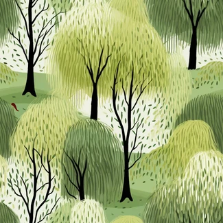 A digital illustration of willow trees in a lush landscape with a mid-century style.
